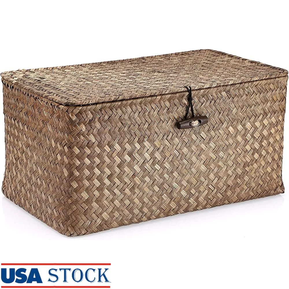 

Handwoven Seagrass Storage Basket with Lid Rectangular Wicker Bins Home Office Organization Clutter Reduction Gift Idea