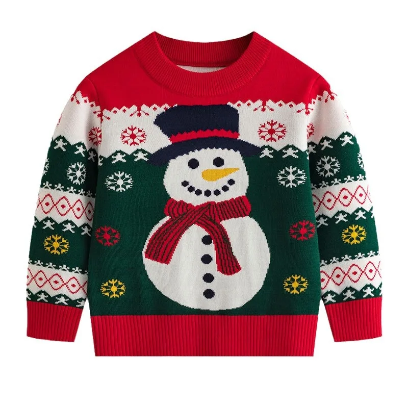 

European & American Winter Children's Christmas Cartoon Snowman Knitted Sweater 3 - 7 Years Girls' Base Layer Pullovers