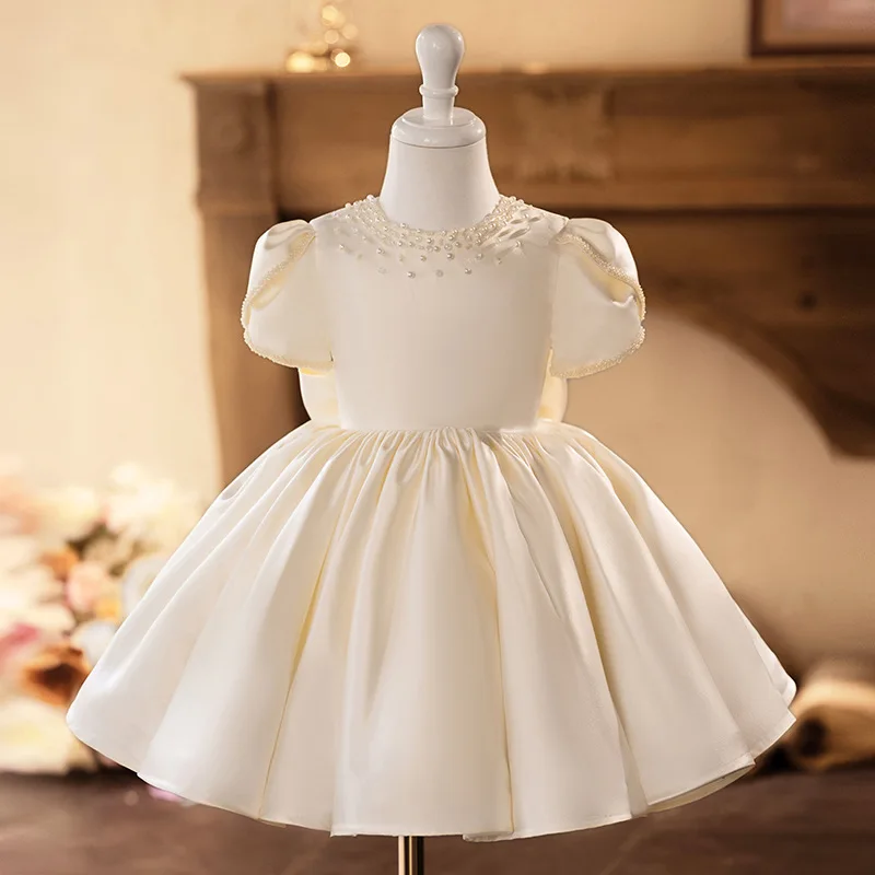 

Baby Kids Princess Satin Bow Pearls Flower Girl Dress Children First Communion Dress Ball Gown Wedding Party Dress Birthday