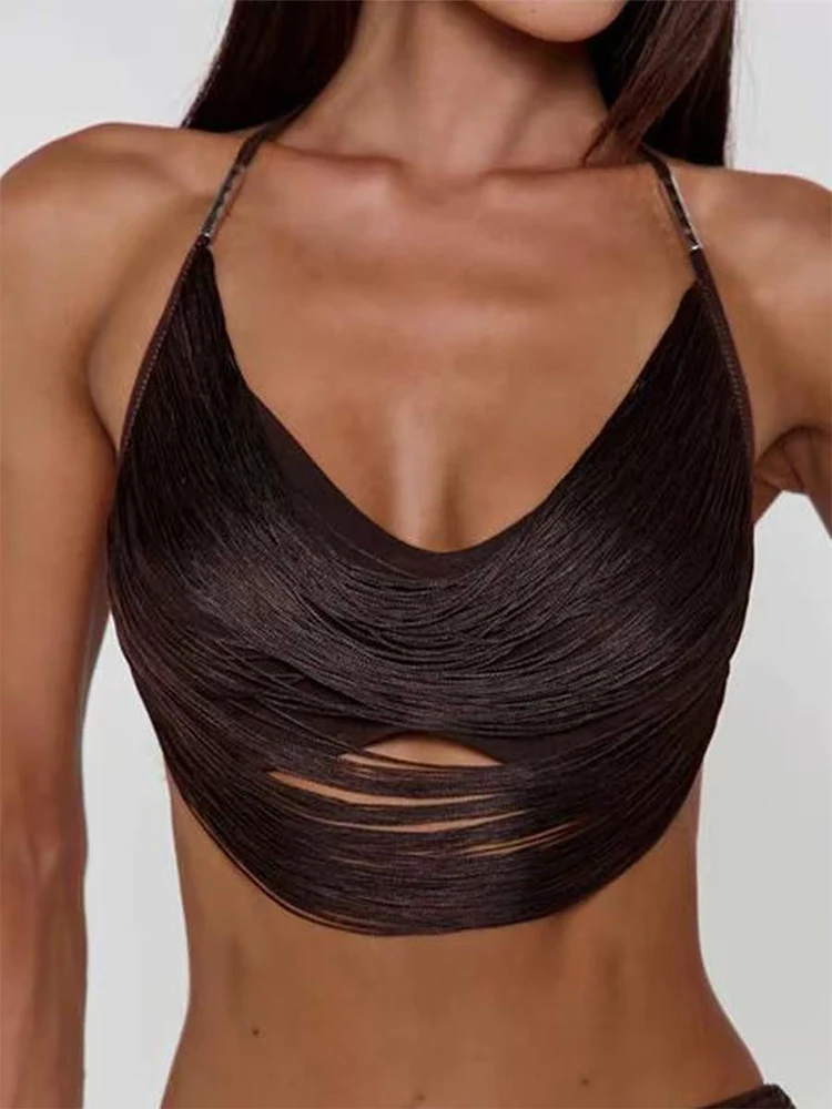 Women Deep V Neck Tassel Crop Top Sexy Hollow Perspective Backless Halter Neck Tank Top Summer Party Club Camisole