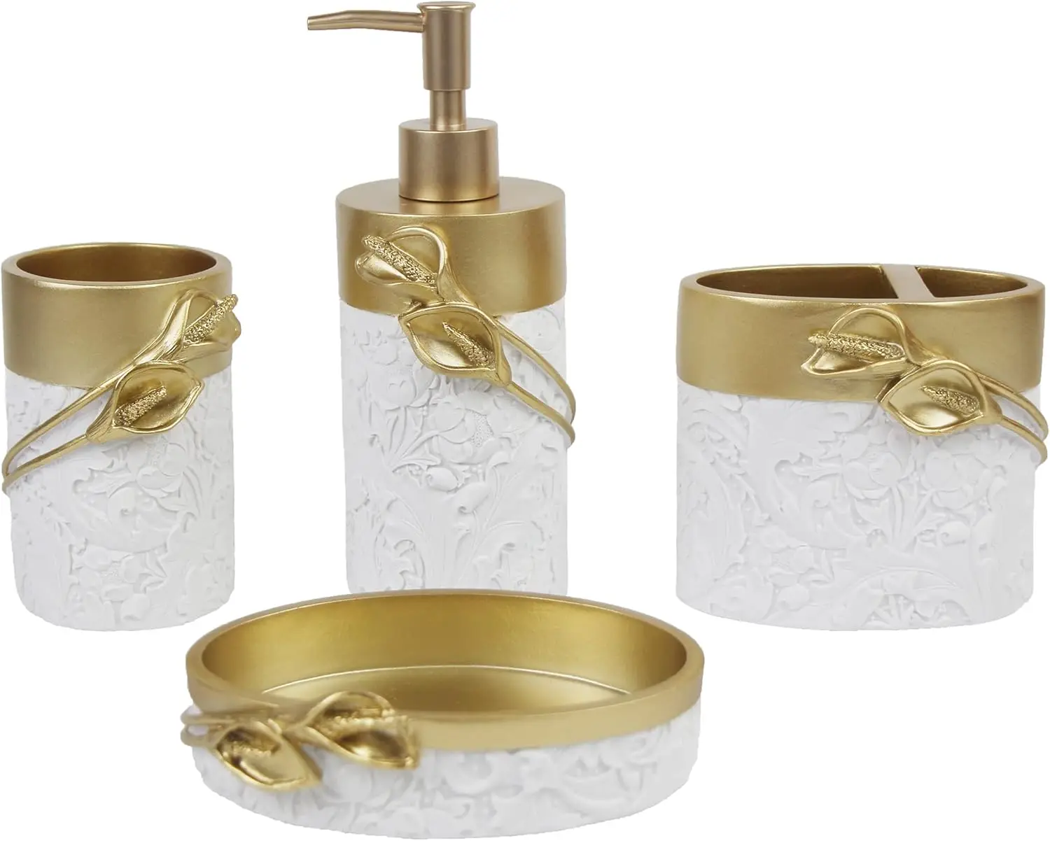 

Golden Farmhouse Bathroom Decor Set, 4-Piece Resin Accessories with Toothbrush Holder, Soap Dispenser, Dish & Tumbler