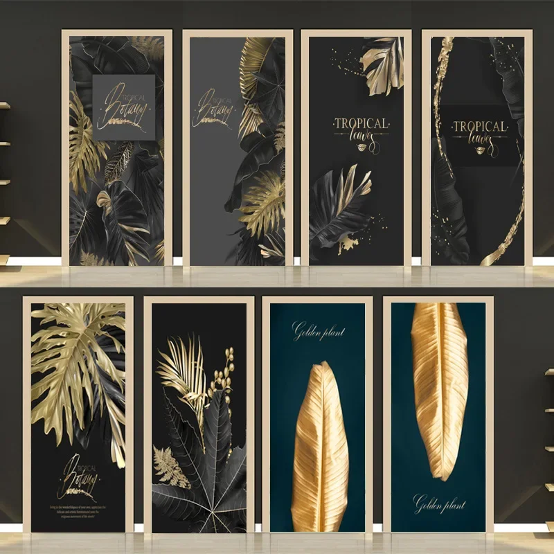 Black Gold Palm Leaf Door Sticker Mural Self-adhesive 3D Wallpapers Bedroom Door Wardrobe Elevator Tropical Plants Poster Stcker