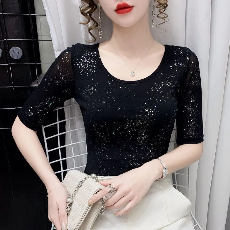 Summer Lady Mesh Tops Round Neck Short sleeved Bright Silk Tees Korean Fashion Black T shirt Women