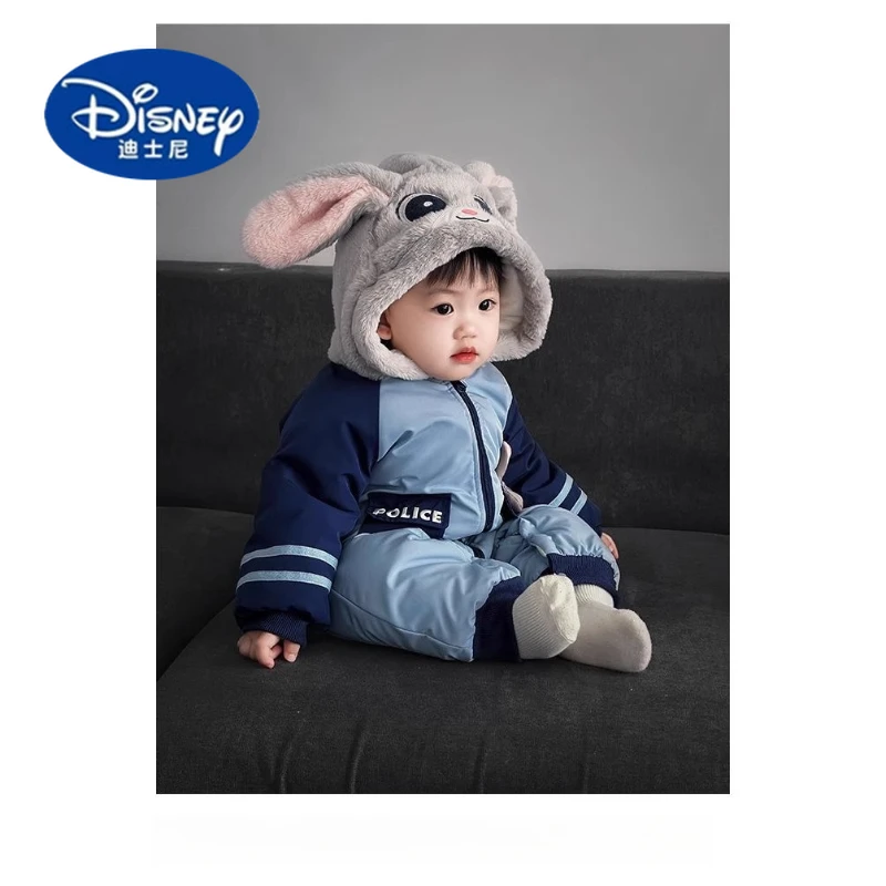 

Disney 2025 Winter Baby Thickened Romper Hooded Cotton Outfit Cute Warm Padded Jumpsuit