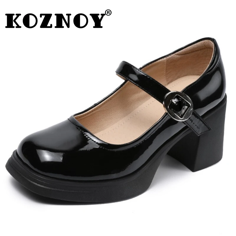 

Koznoy 7cm Women Patent Genuine Leather ROME Platform Wedge Shoes Luxury Summer Fashion Chunky Heels Hook Mary Jane