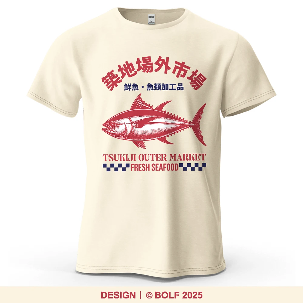 Tsukiji Outer Market Bedrucktes Herren-T-Shirt aus 100 % Baumwolle, übergroße, lebendige Grafik-T-Shirts für Damen, Tops, T-Shirts, lässige Streetwear