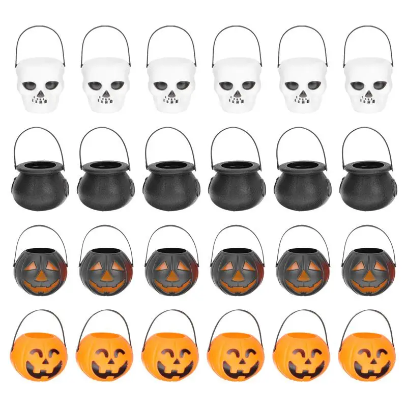 24Pcs Halloween Pumpkin Bucket Portable Plastic Candy Basket Trick Or Treat Kids Gift Packaging Halloween Party Decor Supplies