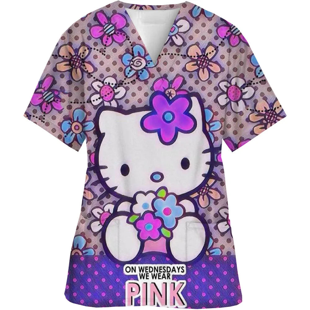 Women Working Uniform cartoon Print cute Hello Kitty Short Sleeve V-neck Tops Femme Blouse Nurse work wear Medical Uniforms