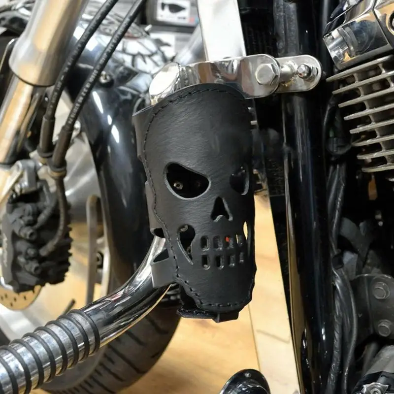 Motorcycle Biker Drink Holder PU Leather Skull Shape Universal Coffee Water Bottle Cup Holder With 2 Straps For Bicycles Bikes