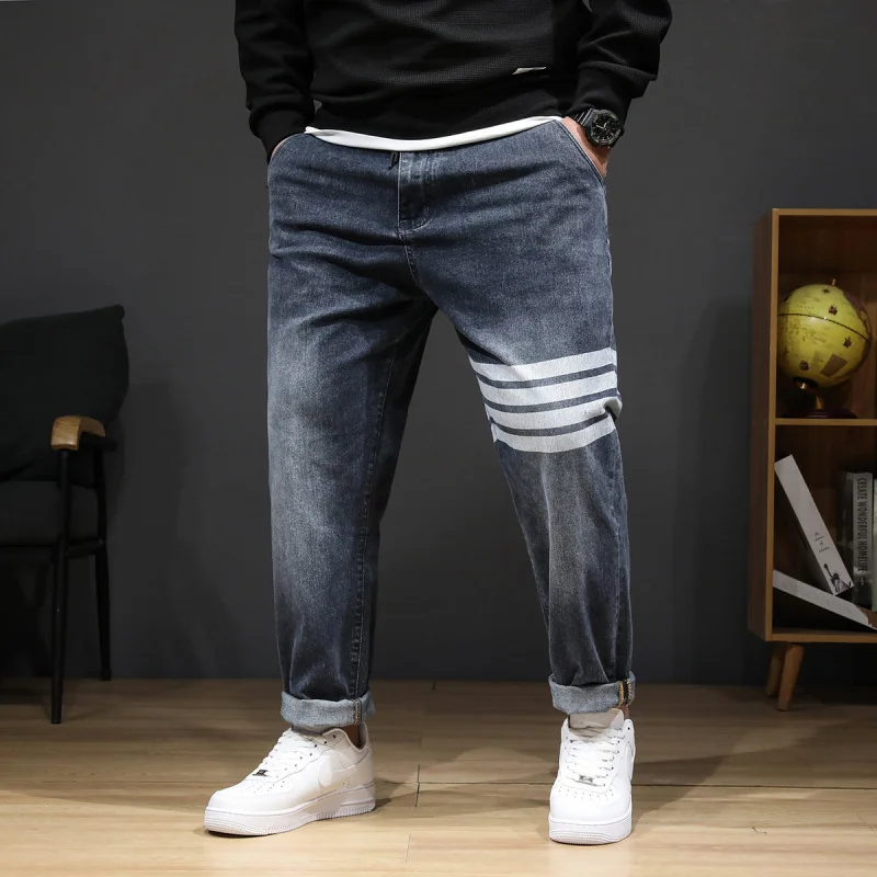 8XL oversized jeans men's fashion striped print stretch plus size casual denim loose 150kg fat pants