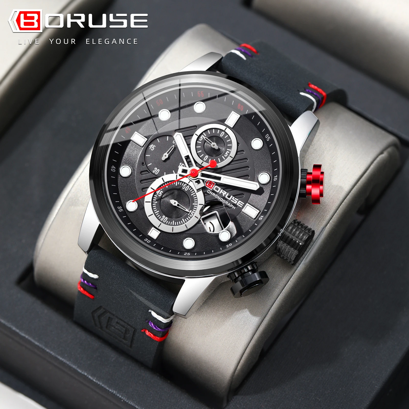 BORUSE Men Casual Sport Military Quartz Calendar Wrist Watch for Man Business Leather Waterproof Male Clock Luminous Clock