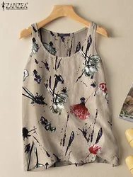 2023 ZANZEA Summer Floral Printed Tank Tops Femme Elegant Beach Chemise Bohemian Casual Holiday Blouse Stylish Sleeveless Shirt