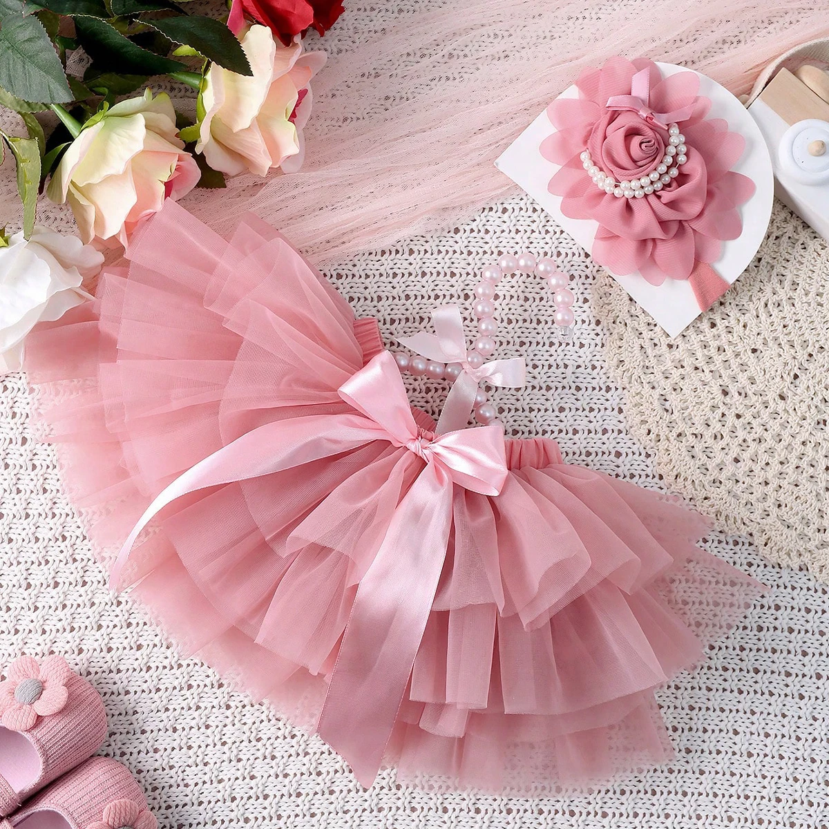 Ylsteed Newborn Girl Photography Outfits Baby TUTU Skirt with Rose Flower Headband Infant Photography Props