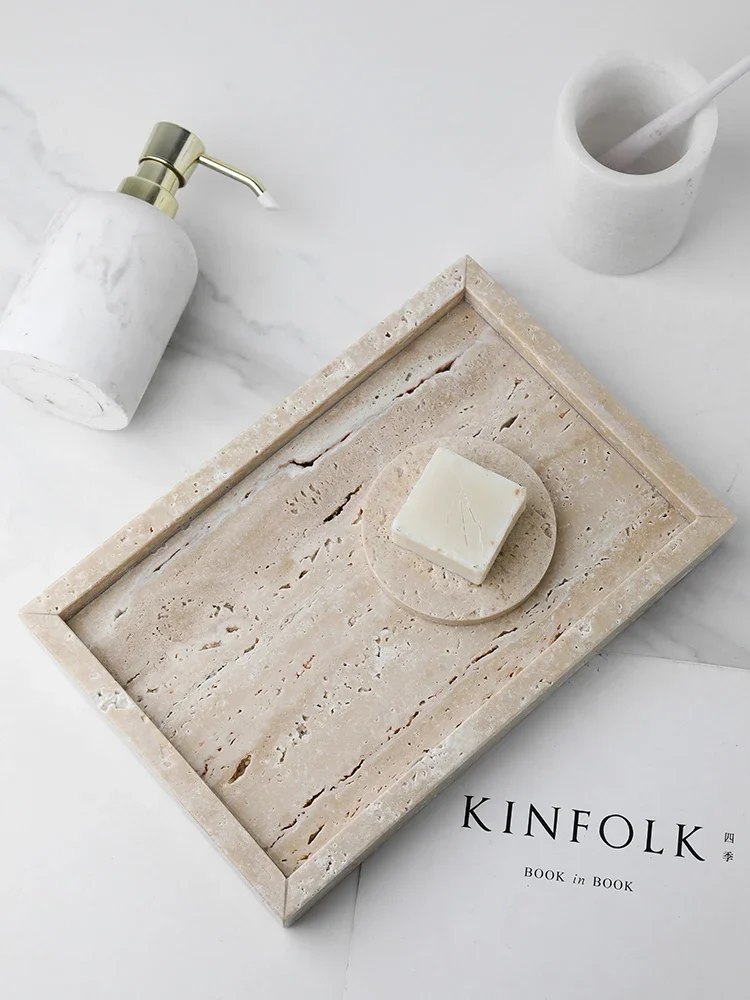 Natural Marble Tray for Perfume Candles Jewelry Travertine Stone Vanity Tray for Dresser Countertop Coffee Table Serving