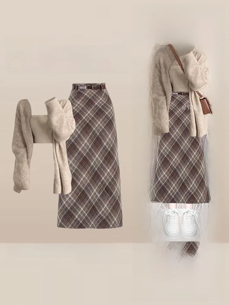 

Korean Sle Unique Super Beautiful Knitted Open Cardigan Plaid Skirt Set Loose Fit Autumn Winter Faion Women's Ensemble