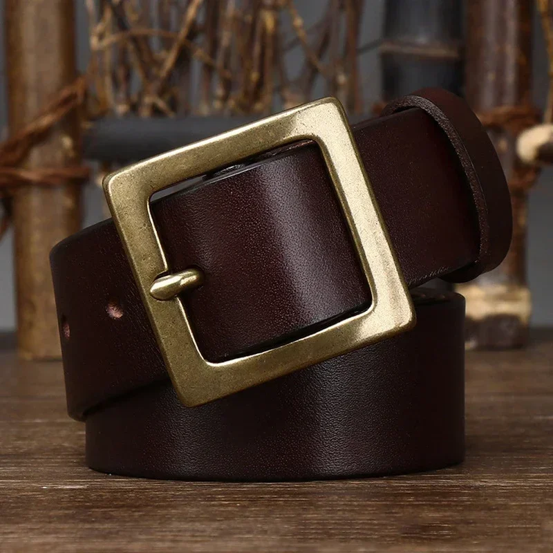 3.8CM Men High Quality Genuine Leather Belt Luxury Designer Brass Copper Buckle Belts Pure Cowskin Strap Male Jeans for Man