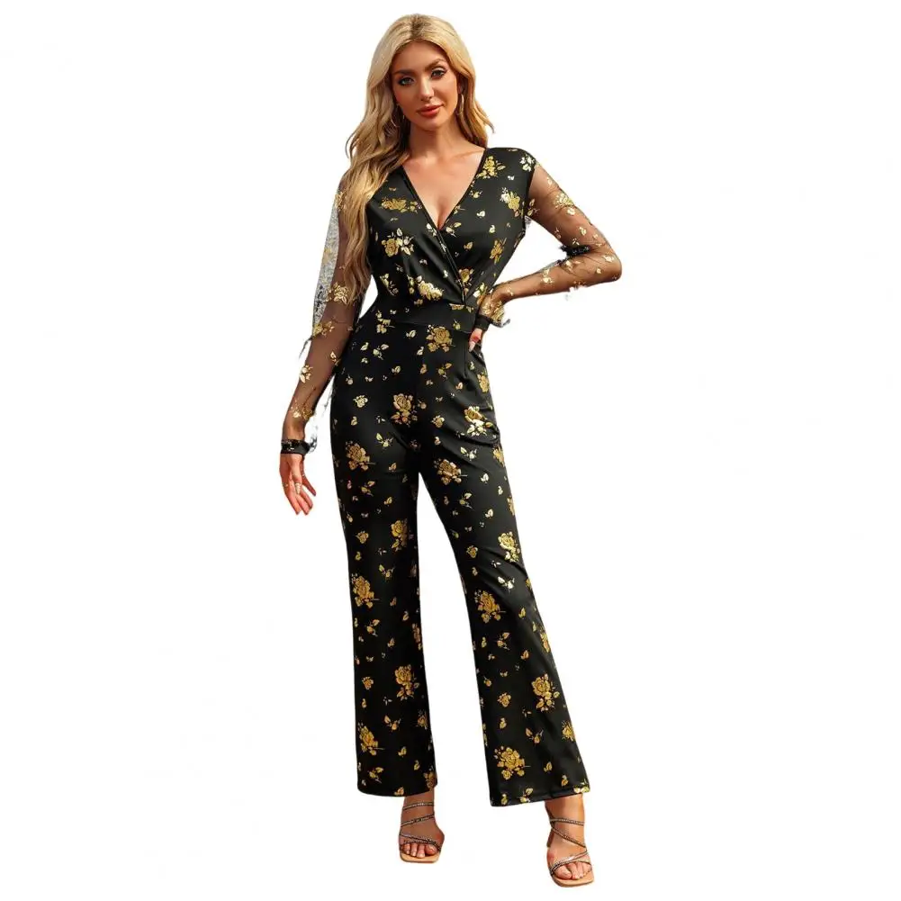 Lady Long Jumpsuit Elegant Rose Sequin Party Jumpsuit with Geometric Mesh Sleeves for Women Slim Fit High Waist Formal Occasion