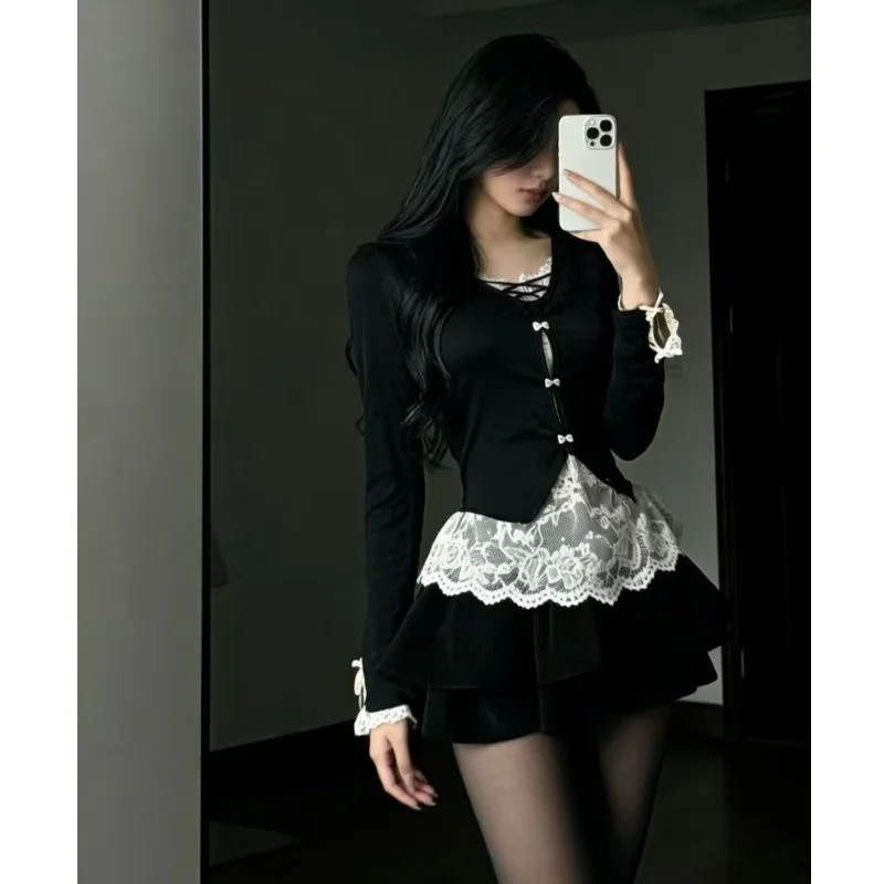 

Кружевные лоскутные комплекты в стиле ретро для женщин, осень 2022, новый милый однотонный топ + костюм с юбкой-тортом, элегантный французский комплект из двух предметов Ins