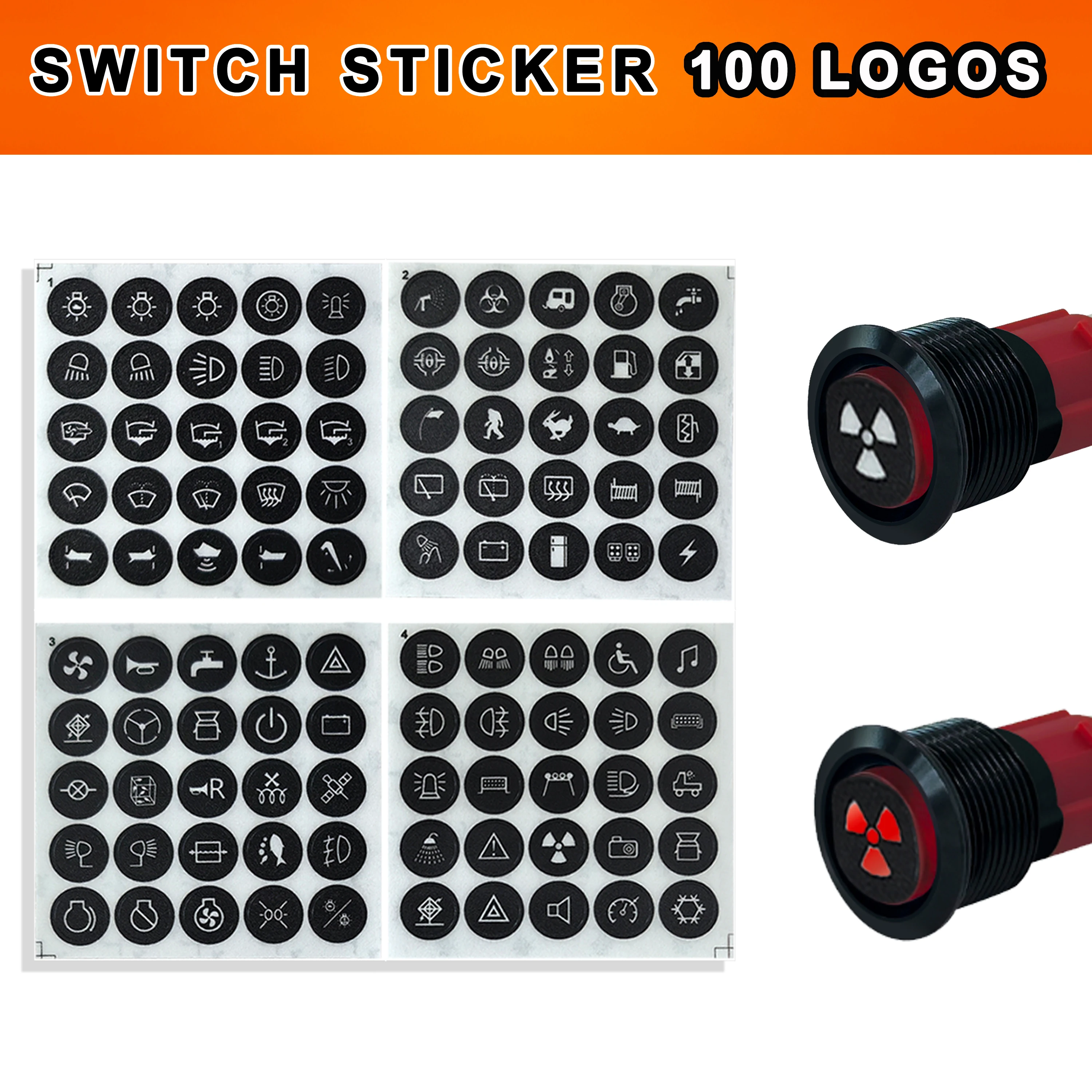 11mm Waterproof Round Button Stickers | 100-Icon Universal Labels for 12V/24V LED Push Switches (Marine/Automotive/Instrument)