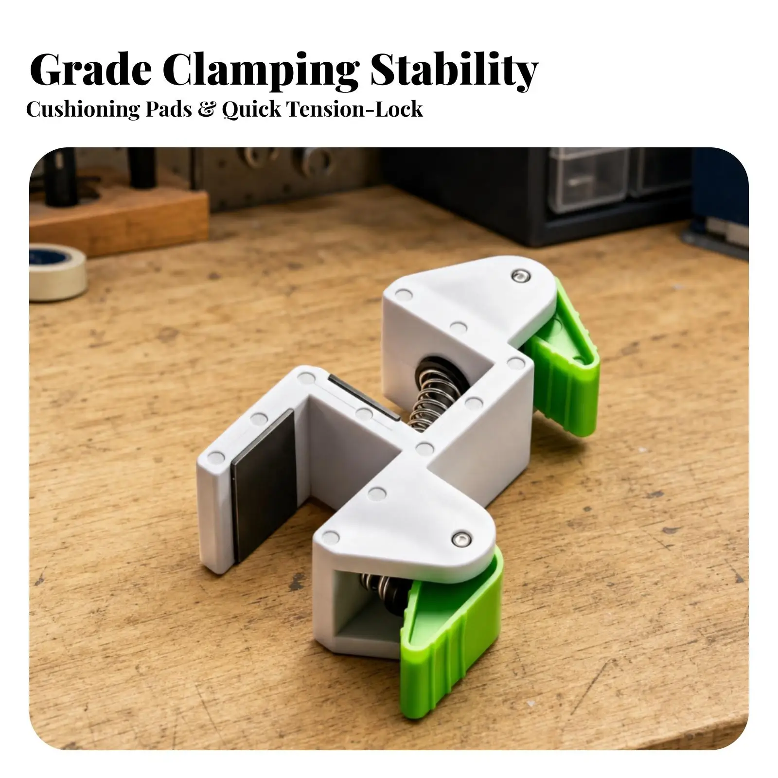 Nylon Cabinet Clamp for Board Alignment Marking Tool with Green Ribbed Pads for Scuff Free Woodworking