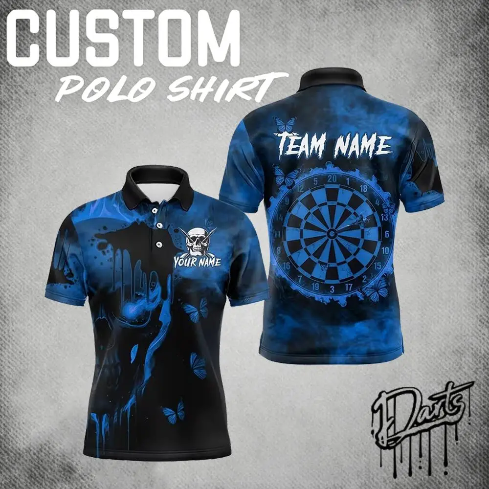 

Custom Name Team Name Darts Polo Shirt Men 3D Skull Butterfly Blue Black All Over Print Quick Dry Sports Short Sleeve Golf Tops