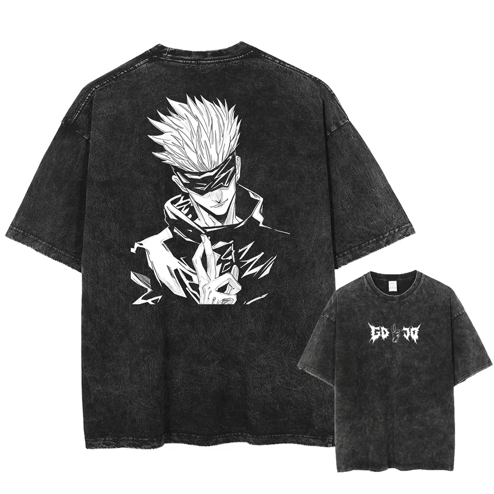 

Japan Anime Jujutsu Kaisen Gojo Satoru Print Washed Tshirt Men High Quality Cotton T-shirts Manga Casual T Shirt Harajuku Tops