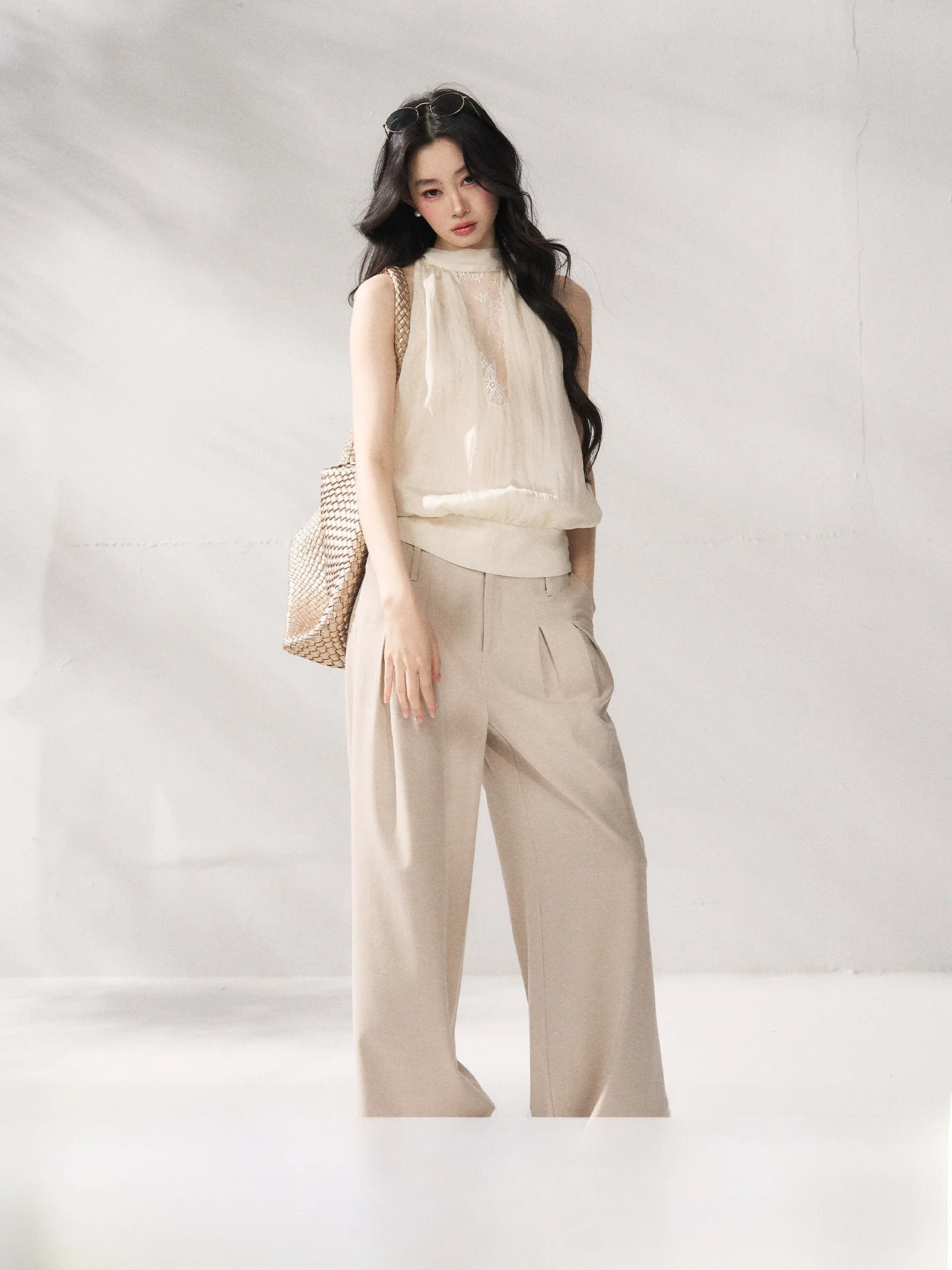 

7Shiftin High Waist Wide Leg Casual Pants Loose Natural Long Pants Light Color Trendy New Summer Pants Ladies Fashion
