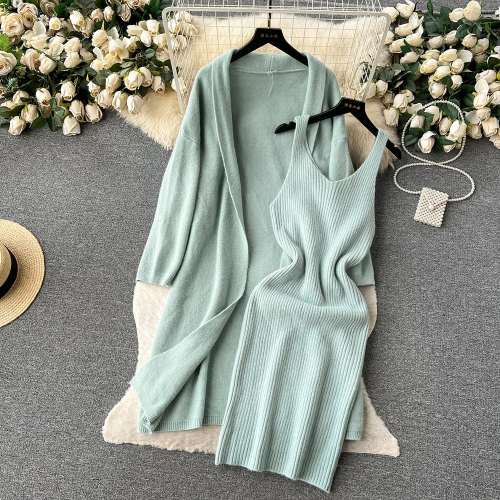 Croysier Autumn Winter Elegant Sweater Matching Sets Long Cardigan Coat And Ribbed Midi Dress Knit Two Piece Set Women Outfit