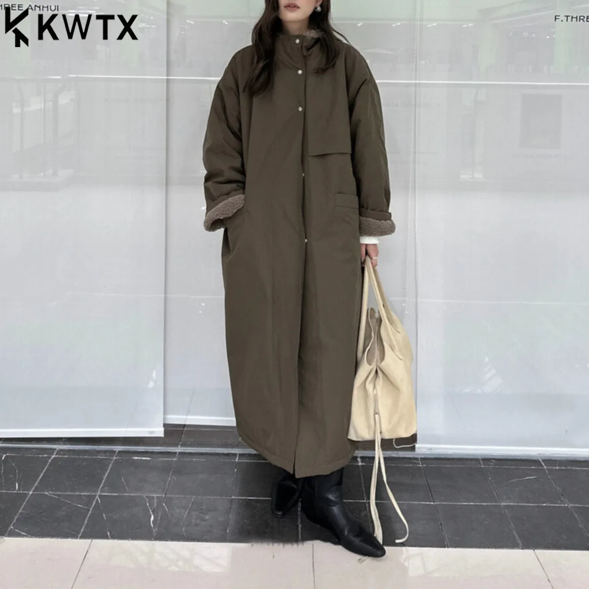 

KWTX новое женское длинное зимнее хлопковое пальто с утолщенным воротником-стойкой, однобортное, с карманами, дизайнерское, винтажное, однотонное