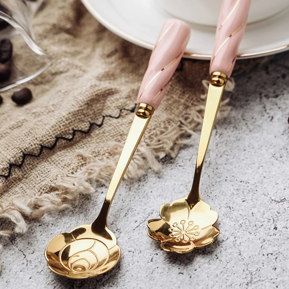 

4pcs Flower-shaped Dessert Spoons Stainless Steel Ceramic Kitchen Scoop Coffee Spoon Multipurpose Reusable