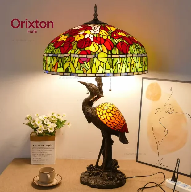 30-Inch  Table Lamp Traditional American Style Living Room Bedroom Study Lamp Luxurious Villa Hotel Stained Glass Lamp