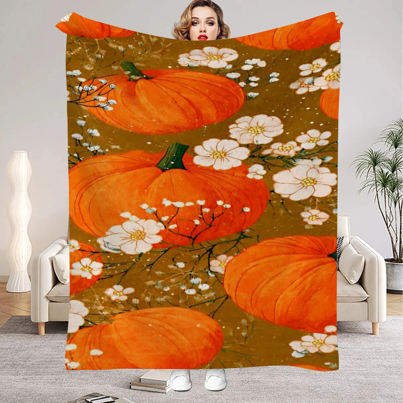 Vintage Fall Harvest Throw Blanket, Oil Painting Pumpkin White Floral Print Soft Cozy Autumn Seasonal Sofa Bed Decor Blanket