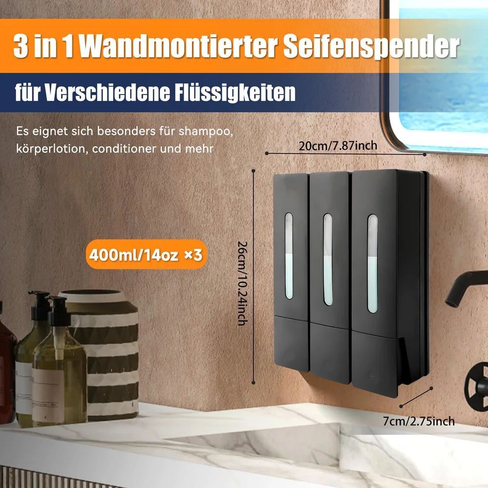 MAKE-Press موزع الصابون السائل 400 مل 3 غرفة الحائط الحمام دش غسل الشعر حاوية زجاجة سوائل