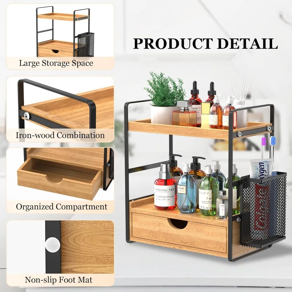 منظم حمام خشبي بطبقتين مع درج وسلال، تخزين متعدد الأغراض للمكياج والعناية بالبشرة #3