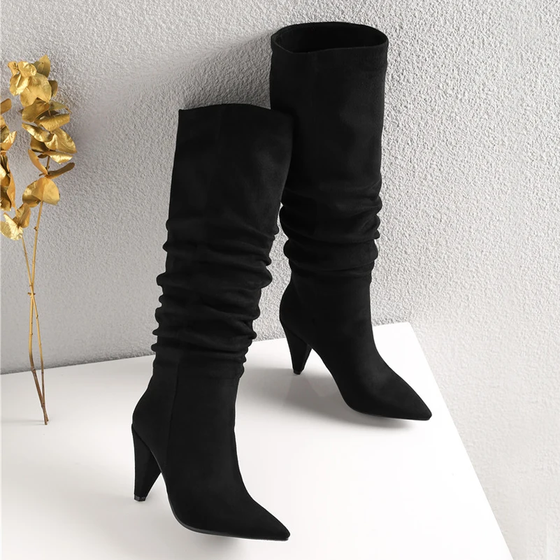 ANNYMOLI Pointed Toe Knee High Boots Super High Heel Women Boots Pleated Spike Heel Long Boots Female Shoes Autumn Winter Red 43