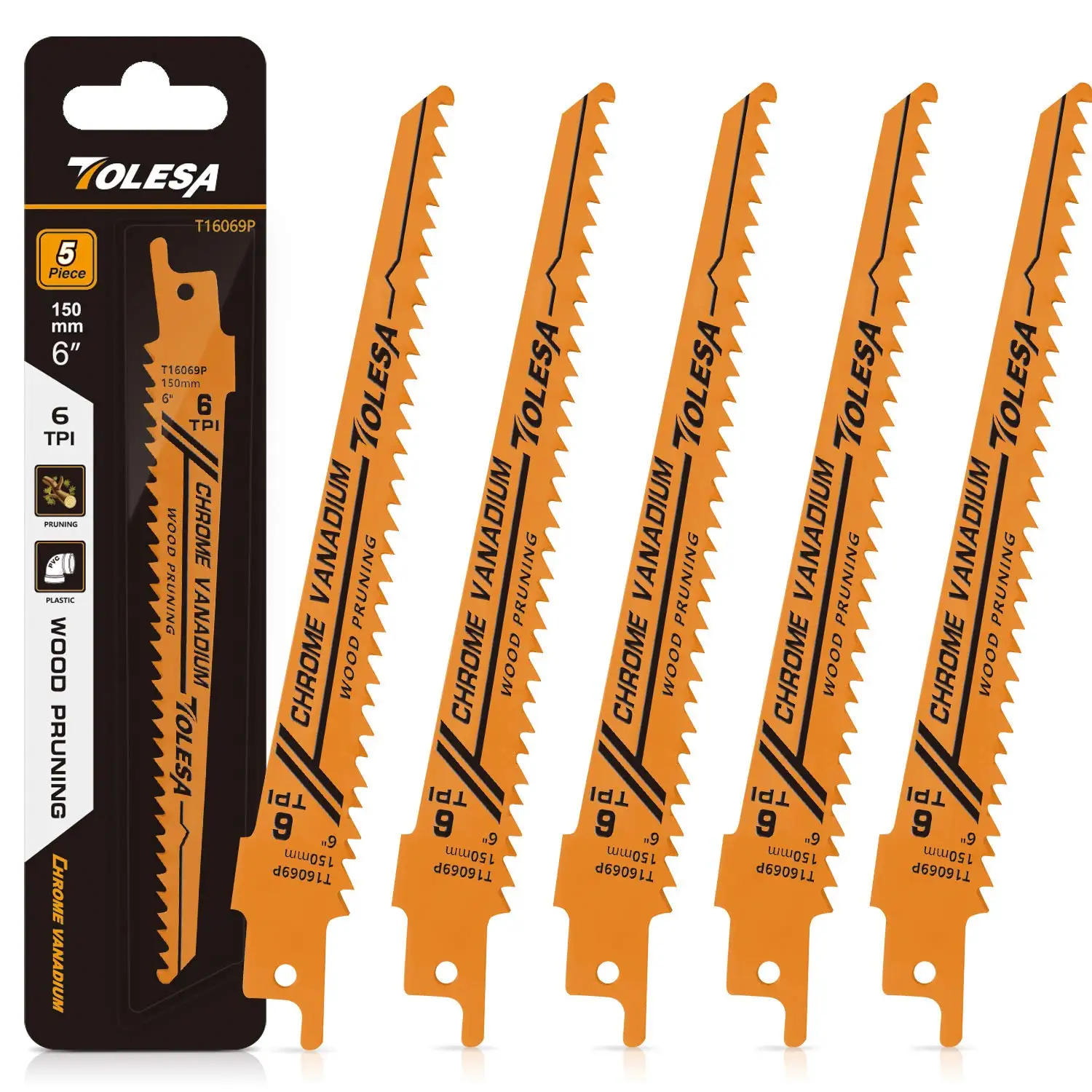 TOLESA 5PCS 5/6TPI Hout Snoeien Reciprozaagbladen voor Hout en PVC Pijp Snijden CRV Scherpe Grond tanden Reciprozaagbladen
