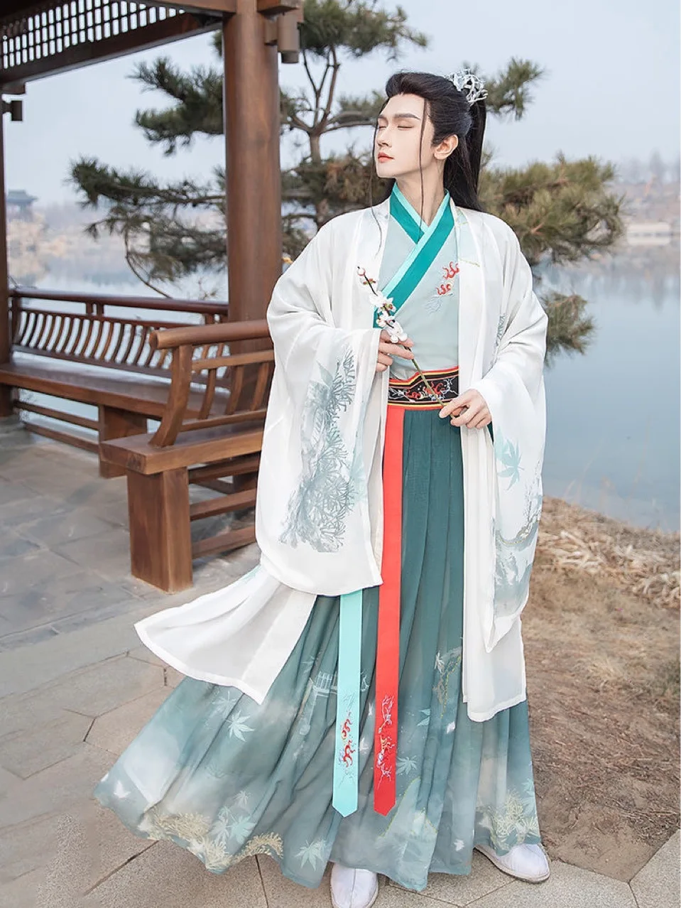 Wei Jin Wuxia Ancient Costume Hanfu 2024 Spring Autumn Tang Suit Halloween Role Play Clothes Men's Horse Face Skirt Cardigan Set