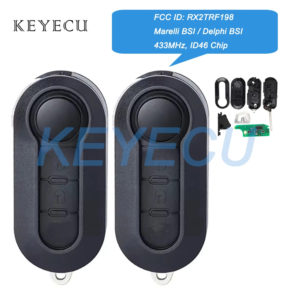 Keyecu RX2TRF198 433MHz ID46 ชิป Flip Remote Key Fob สําหรับ IVECO ทุกวันสําหรับ Fiat 500L MPV Ducato Bravo Citroen Jumpe Peugeot Boxer