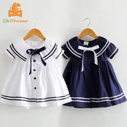 2025 Summer 2 3 4 5 6 8 10 Years Children Cute Short Sleeve Botton Bow Sailor Collar Patchwork Navy Blue Little Kids Girls Dress