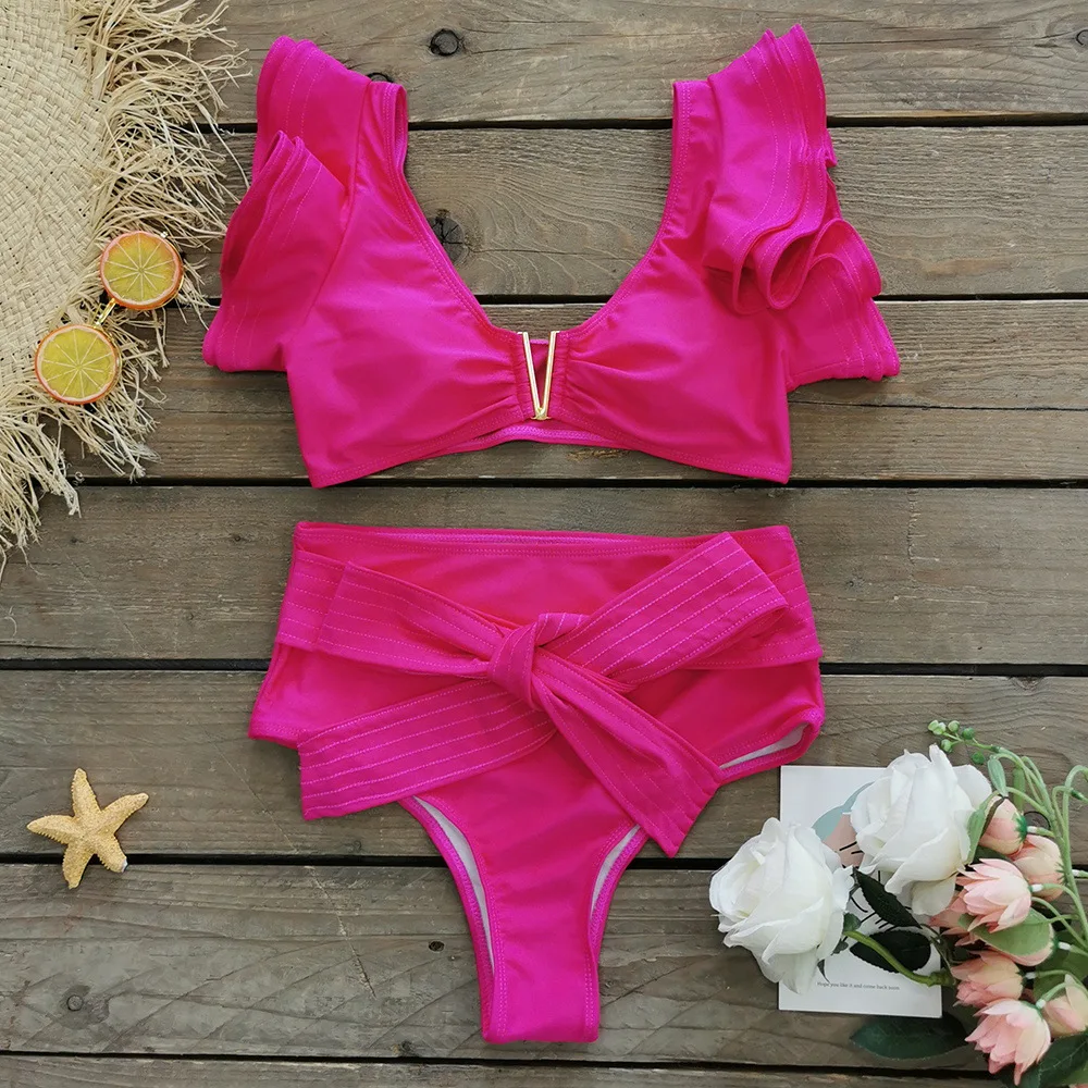 Conjunto de biquíni sexy babados em V sutiã push up feminino plissado vermelho maiô de cintura alta maiô de verão, moda praia, 2 peças de banho 2022