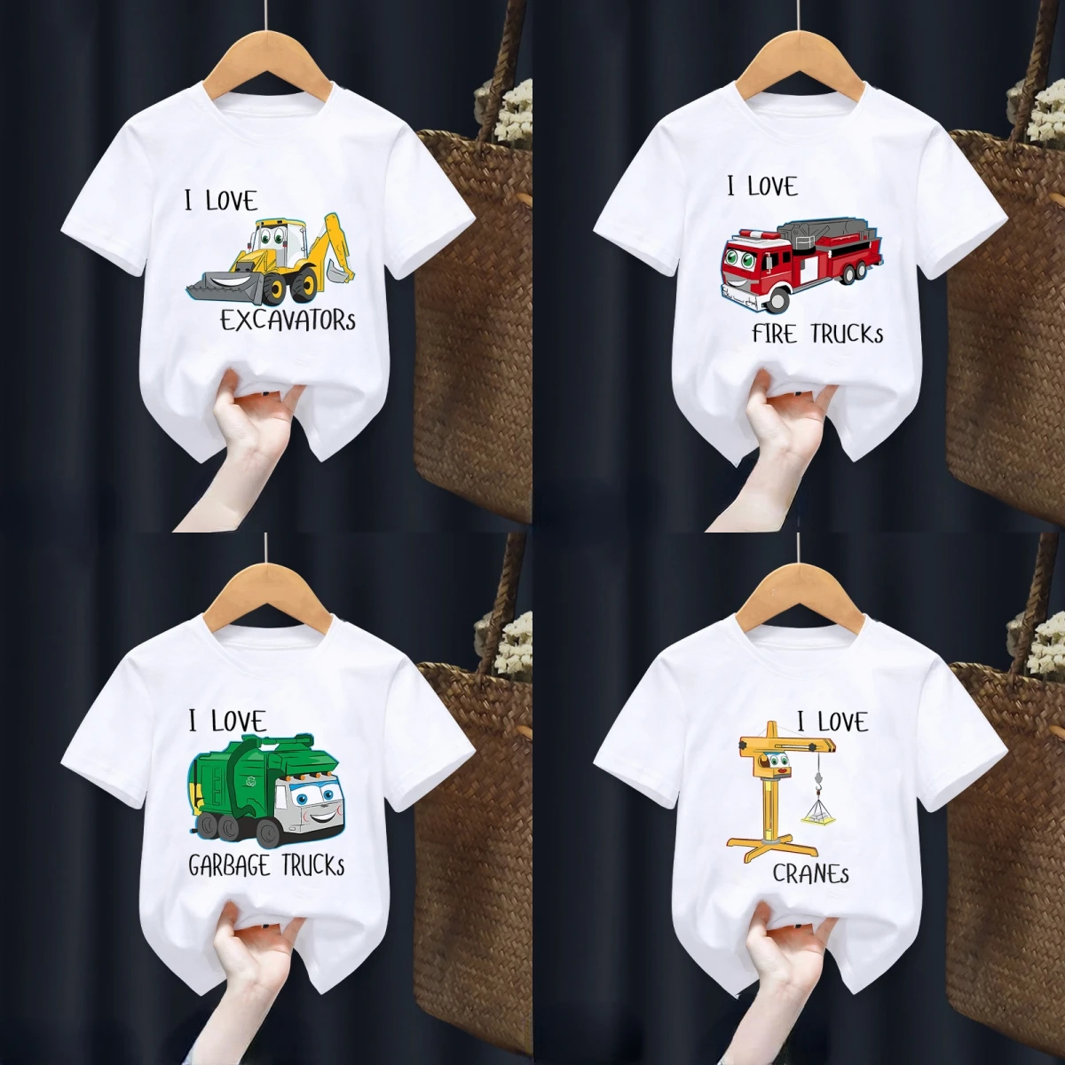 I Love Excavators Fire Trucks Garbage Trucks Cranes T Shirt Happy Birthday Gift Boy Girl Tshirt Party Gift Kids Clothes Tops