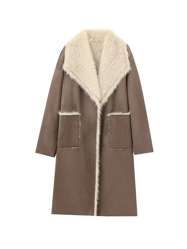 Frauen Retro Reversible Langen Mantel Casual Faux Pelz Revers Einzigen Taste Tasche Jacke Damen Winter Mode Straße Warme Outwear