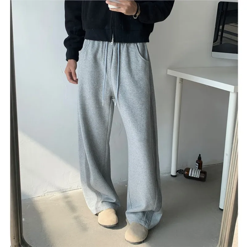 Winter New Men\'s Tie-dye Fleece Casual Pants Side Striped Wide Leg Straight Sweatpants Neutral High-quality Long Baggy Trousers