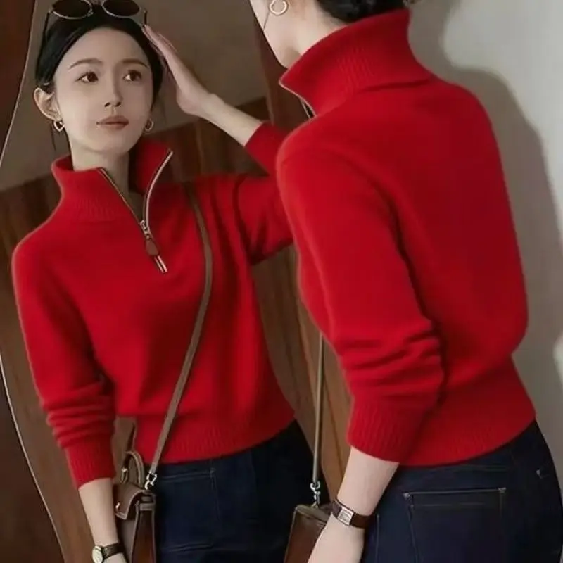 Korean Style Half Zip Knitted Sweater Women's Winter Base Layer Shirt Stand Collar Top Fashionable Casual Comfortable
