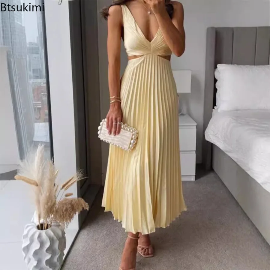 

Fashion V-Neck Holiday Long Dress Summer Hollow Out Backless Sexy Sleeveless Party Dress Women High Waist Solid Pleat Dresses