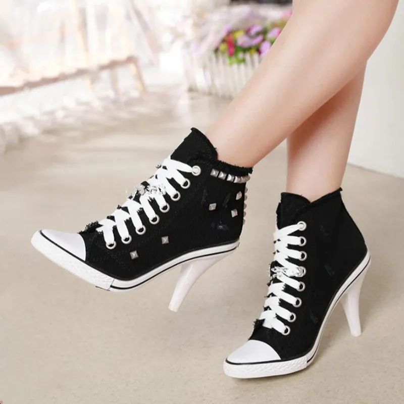 Pop Women Canvas Shoes Denim High Heels Rivets Shoes Nice Shoe Spring Sneakers Women\'s Pumps Black Blue Autumn Pop Nice