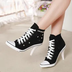 Pop Women Canvas Shoes Denim High Heels Rivets Shoes Nice Shoe Spring Sneakers Women's Pumps Black Blue Autumn Pop Nice