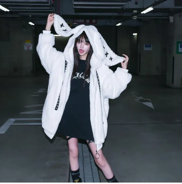 

Women's Warm Coats Japanese Harajuku Style Subculture Thick Jackets Bunny Ear Fuzzy Punk Mid-length Winter Plush Coat