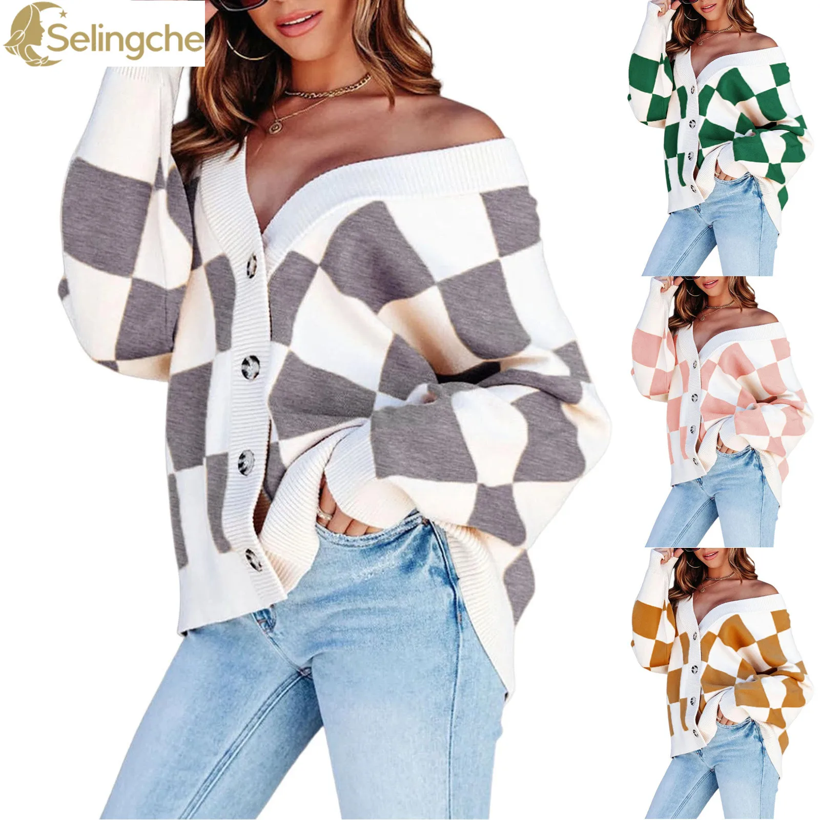 Autumn and Winter Women's Casual Loose Checkerboard Pattern Contrasting Color V-neck Button Long Sleeved Knitted Cardigan