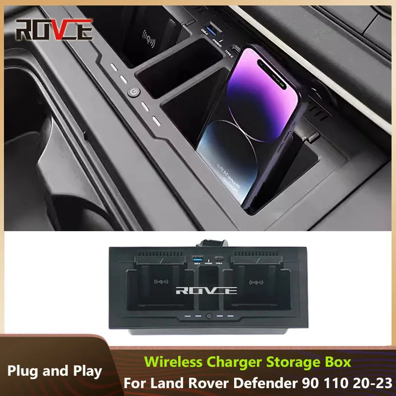 ROVCE Wireless Charger For Land Rover Defender 90 110 130 2020+ Storage Box Fast Mobile Phone Holder Charging Plate Accessories